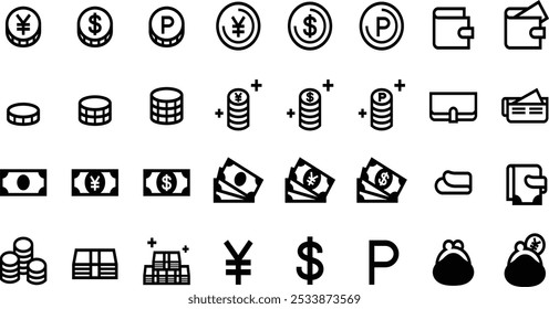  Comprehensive Money and Currency Icons Set - Wallets, Coins, Bills, and Financial Symbols for Banking, Finance, Investment, and Economic Projects - Vector Illustrations for Stock Photography