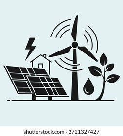 Una Ilustración vectorial monocromática completa representa una combinación armoniosa de varias fuentes de energía renovables y Elementos ambientales, incluidos dos Grandes paneles solares, una elevada energía generadora de turbinas eólicas, una casa estilizada que representa una vida sostenible, una floreciente hoja verde que simboliza la naturaleza, una gota de agua pura y un rayo que indica energía, todo integrado para retratar una visión holística de poder ecológico y equilibrio ecológico.