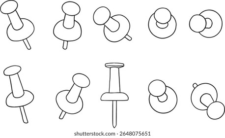 Comprehensive monochrome collection of hand-drawn pushpins or thumbtacks, presented from various angles and perspectives. This set offers a versatile range of designs, perfect for illustrating office.