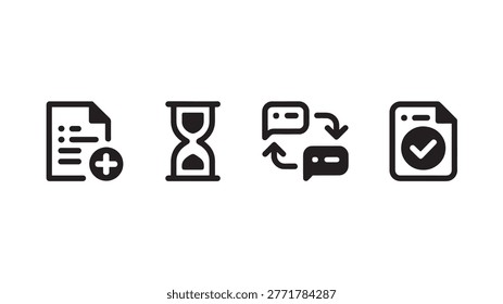 Comprehensive monochrome icon set illustrating the core pillars of business operations: creation, deadlines, communication, and final approval. Designed with a clean minimalist aesthetic, these icons provide clear visual cues for user interfaces and corporate reporting.
