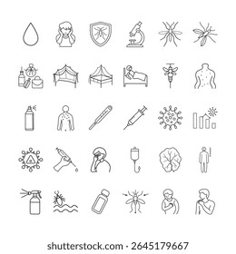 Conjunto De Ícones De Doenças Transmitidas Por Mosquitos Abrangentes. Apresentando Sintomas, Proteção, Vacinação, Tratamento, Malária, Dengue, Zika, Repelentes de Insetos, Mosquiteiros, Febre e Cuidados Médicos.