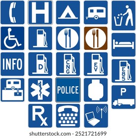 Abrangente Motorist Services Signs Collection Com Telefone, Hospital, Camping, Gás, Alimentos, Alojamento e Carregamento de Veículos Elétricos. Sinalização rodoviária nos Estados Unidos.