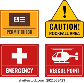 Comprehensive mountain safety sign collection including emergency assistance, rescue point, permit checkpoint, and rockfall warning symbols. Suitable for trekking routes, national parks, outdoor safety systems, visitor centers, expedition management, and adventure tourism communication.