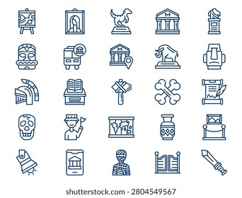 A comprehensive museum exhibition outline collection is displayed on a clean white background. The collection features twenty-five distinct elements with consistent dark blue lines and no color fills. Concept of ancient history tourism, archaeological heritage preservation, and fine art gallery tourism