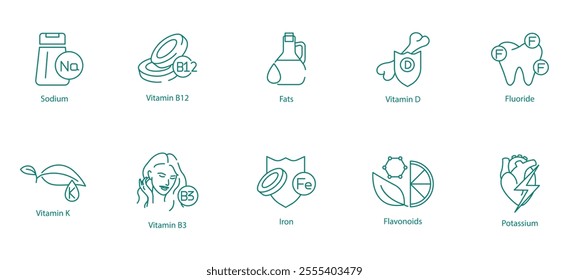 Comprehensive Nutrition Icon Set - Sodium, Vitamin B12, Fats, Vitamin D, Fluoride, Vitamin K, Vitamin B3, Iron, Flavonoids, and Potassium for Health and Wellness