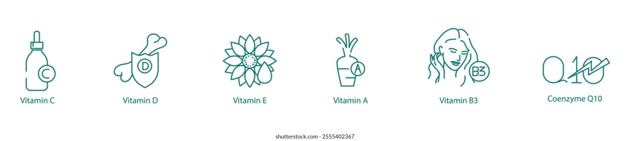 Comprehensive Nutrition Icon Set - Vitamins C, D, E, A, B3, and Coenzyme-10 for Optimal Health