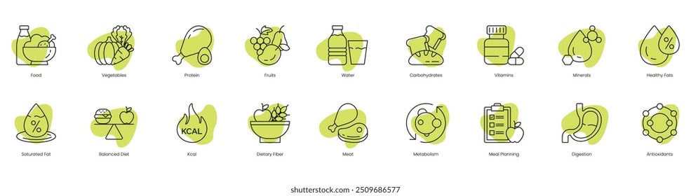 Comprehensive Nutrition Icons: Food, Vegetables, Protein, Fruits, Water, Carbohydrates, Vitamins, Minerals, Healthy Fats, Saturated Fats, Balanced Diet, K-Cal, Dietary Fiber, Meat, Metabolism