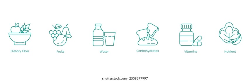 Ícones Vetoriais de Nutrição Abrangentes: Fibra Dietética, Frutas, Água, Carboidratos, Vitaminas e Nutrição