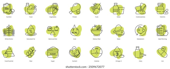 Comprehensive Nutritional Health Icons: Nutrition, Food, Vegetables, Protein, Fruits, Water, Carbohydrates, Vitamins, Whole Grain, Saturated Fats, Balanced Diet, Calories, Dietary Fiber, Meat