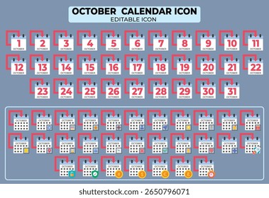 Conjunto abrangente de ícones do calendário de outubro que descreve todos os acordos de trinta e um dias