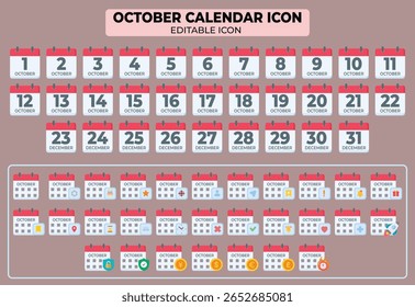 Completo conjunto de iconos de calendarios de octubre con funciones editables y varios eventos destacados