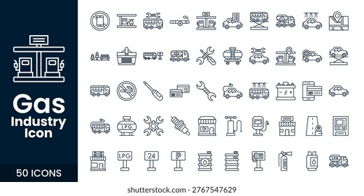 Comprehensive oil and gas industry icon set featuring refinery, fuel, pipeline, drilling, and energy production elements.