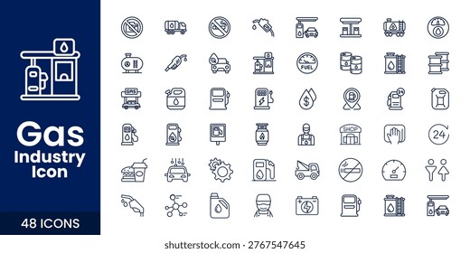 Comprehensive oil and gas industry icon set featuring refinery, fuel, pipeline, drilling, and energy production elements.