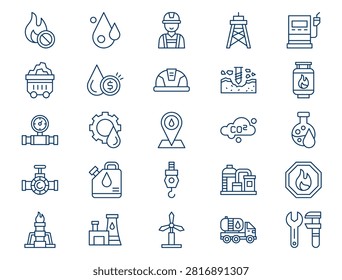 A comprehensive oil industry outline collection is displayed on a clean white background. The collection features twenty-five distinct elements with consistent dark blue lines and no color fills. Concept of modern fuel refining plant processing, global petroleum drill extraction equipment, and energy transportation pipeline network