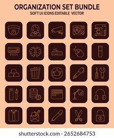 Comprehensive organization icon set bundle, editable vector graphics, soft ui elements for diverse application needs
