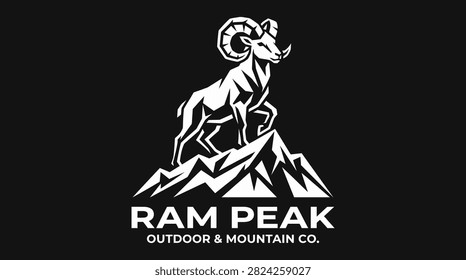 Comprehensive outdoor branding emblem featuring a ram and mountains. Designed for rugged apparel and adventure equipment.
