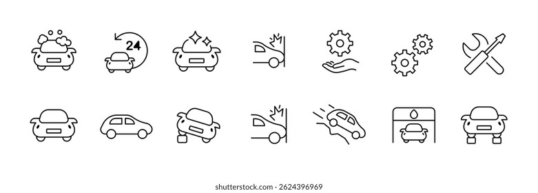 Comprehensive outline car services icon set featuring repair, maintenance, and car wash