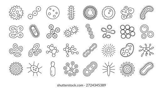 Umfassende Sammlung von Bakterien und Virus-Icons, die verschiedene mikroskopische Organismen und Zellformen zeigen