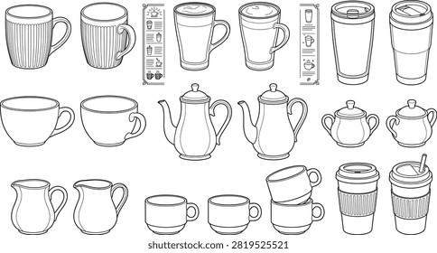 A comprehensive outline vector collection of coffee and tea accessories, featuring mugs, teapots, creamers, and travel cups. This versatile line art set is perfect for cafe menus, barista branding, and beverage packaging design.A comprehensive outline vector collection of coffee and tea accessories, featuring mugs, teapots, creamers, and travel cups. This versatile line art set is perfect for cafe menus, barista branding, and beverage packaging design.