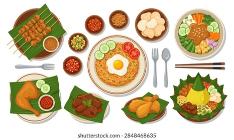 A comprehensive overhead vector illustration showcasing a variety of popular Indonesian dishes. The set includes Nasi Goreng topped with a sunny-side-up egg, skewers of Sate Ayam on banana leaves, yellow cone rice known as Nasi Tumpeng, spicy Beef Rendang, Gado-Gado vegetable salad with peanut dressing, fried chicken, crackers, and multiple bowls of sambal condiments, all presented on a clean white background.