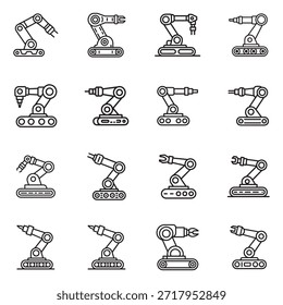 Un paquete completo de Ilustraciones vectoriales con varias herramientas y equipos de automatización robótica, presentado aislado sobre fondo blanco.