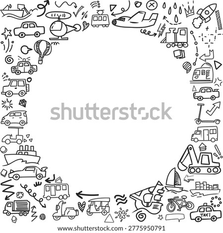 A comprehensive pattern frame of various transportation icons with central copy space featuring planes trains and ships.