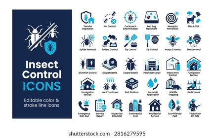 Comprehensive pest control and insect extermination editable vector icon set for residential, commercial prevention, fumigation, and professional wildlife trapping services.