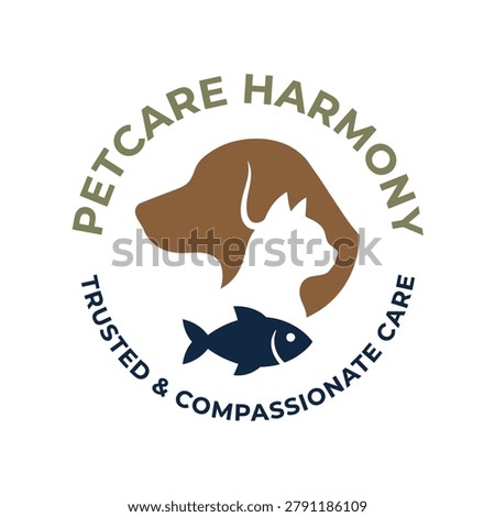 Comprehensive pet care service logo featuring silhouettes of a dog, cat, and fish for veterinary clinics or animal hospitals.