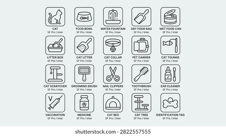 Comprehensive pet care and veterinary icons set featuring essential supplies for cat owners including food bowls water fountains litter boxes carriers grooming brushes scratching posts medical tools and feline health maintenance items for vet clinics and shops.