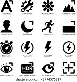Comprehensive photography mode and camera setting icons showing various functions and features in one set