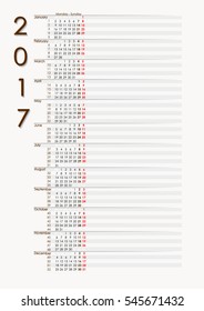 A comprehensive planning calendar 2017 numbered weeks, with the possibility of crediting the notes to every week.