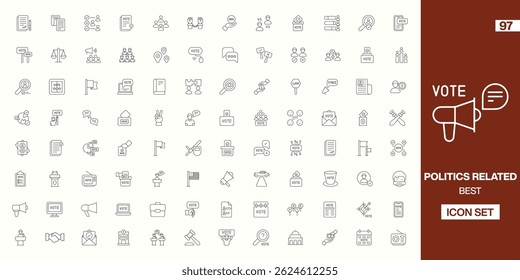 Comprehensive Politics Icon Set: Vector Graphics for Election, Voting, Government, Democracy, Campaign, Law, Justice, Political Issues, and Civic Engagement - for News Outlets and Political campaign