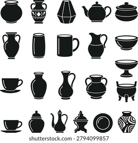 Comprehensive pottery icon set with various vessel shapes and types for home decoration and architectural visualization.