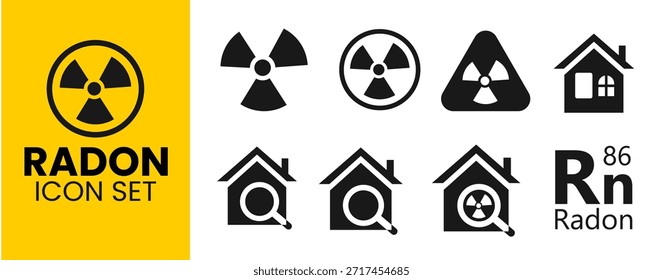 Completo conjunto de iconos de radón para la seguridad en el hogar. Con símbolos de radiación, gráficos de prueba de la casa con lupa, señales de advertencia radiactivas y la designación de elemento químico Rn 86.