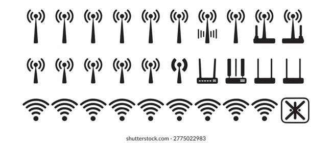 Comprehensive range of black icons featuring broadcast towers internet routers and various signal strength bar symbols.