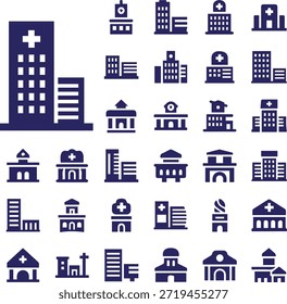 Um abrangente conjunto de ícones imobiliários com ilustrações vetoriais de arquitetura urbana, arranha-céus urbanos, casas modernas e prédios de apartamentos para negócios profissionais e design de construção