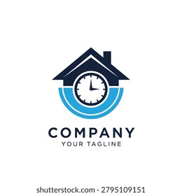 Comprehensive real estate or property management logo featuring a house, timepiece, and waves, representing timely service and coastal property.