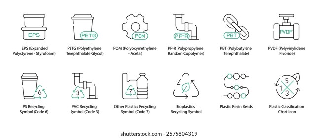 Comprehensive Recycling Symbols Icon Set Featuring EPS, Expanded Polystyrene Styrofoam, PS Recycling Symbol (Code 6), PETG, Polyethylene Terephthalate Glycol, PVC Recycling Symbol (Code 3) 