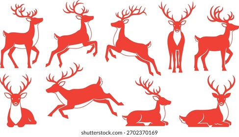Umfassendes rotes Rentier Silhouette Set - 10 detaillierte Bühne in verschiedenen Posen: Laufen, Laufen, Springen, Vorderansicht und Sitzen, perfekt für Weihnachten, Weihnachtsgestaltung und Vektorsymbole