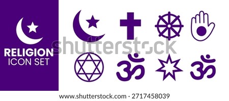 Comprehensive Religion Icon Set for Global Spirituality. Featuring Symbols for Islam, Christianity, Buddhism, Jainism, Judaism, Hinduism, and Sikhism for Interfaith and Educational Graphic Design.