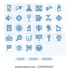 Un recurso completo de 28 iconos de Bold Line para Direction, ideal para sistemas escalables.
