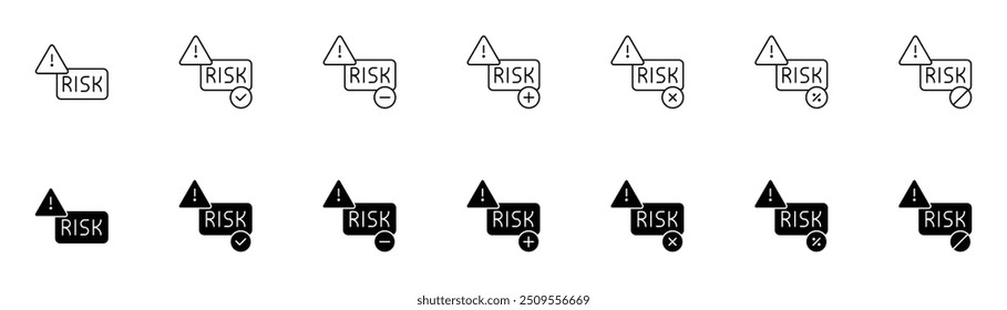 Comprehensive Risk Management and Assessment Alert Icons set for Safety, Hazard Identification, and Precautionary Measures in Finance, Insurance, Health, and Project Management