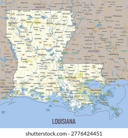 Comprehensive road and topographical map of the State of Louisiana, USA, highlighting major cities, parish boundaries, and intricate coastal geography.