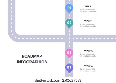 Infografía completa de la hoja de ruta, camino estratégico con 4 etapas clave, Ilustración vectorial