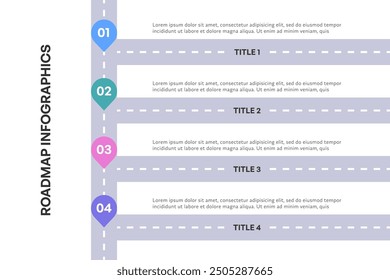 Infografía completa de la hoja de ruta, camino estratégico con 4 etapas clave, Ilustración vectorial