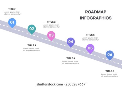 Comprehensive Roadmap Infographic, Strategic Milestone Path with 6 Key Stages, Vector Illustration