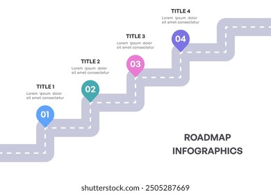 Infografía completa de la hoja de ruta, camino estratégico con 4 etapas clave, Ilustración vectorial