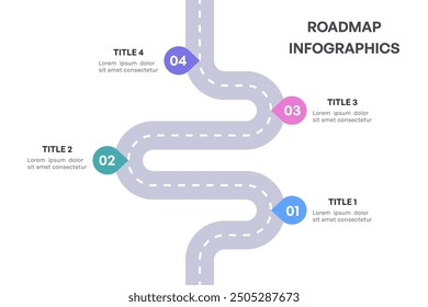 Infografía completa de la hoja de ruta, camino estratégico con 4 etapas clave, Ilustración vectorial