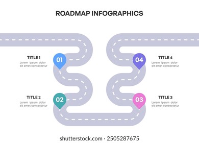 Infografía completa de la hoja de ruta, camino estratégico con 4 etapas clave, Ilustración vectorial