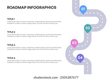 Infografía completa de la hoja de ruta, camino estratégico con 4 etapas clave, Ilustración vectorial